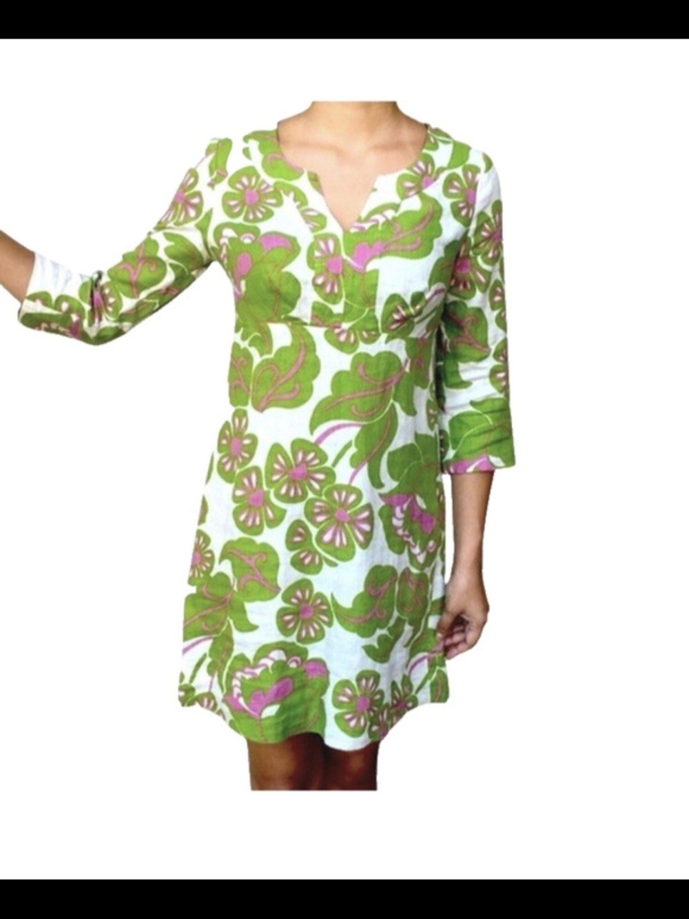 Boden Linen retro Florap Tunic Dress with Green & Pink Floral Print Size 6